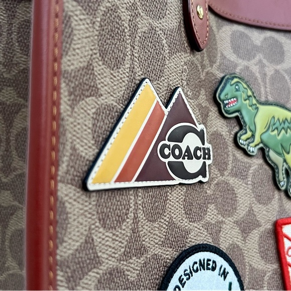 COACH Field Tote In Signature Jacquard Canvas With Patches & Rexy Scarf - Picture 5 of 12